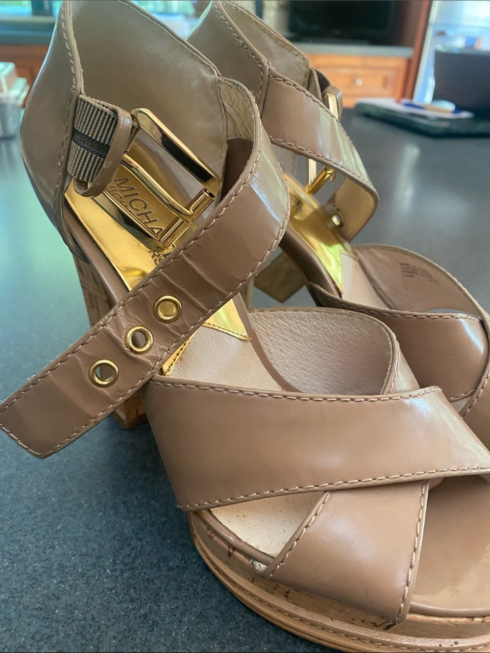 Michael Kors Taupe Leather Platform Heel Sandal with Gold-Tone Accents
